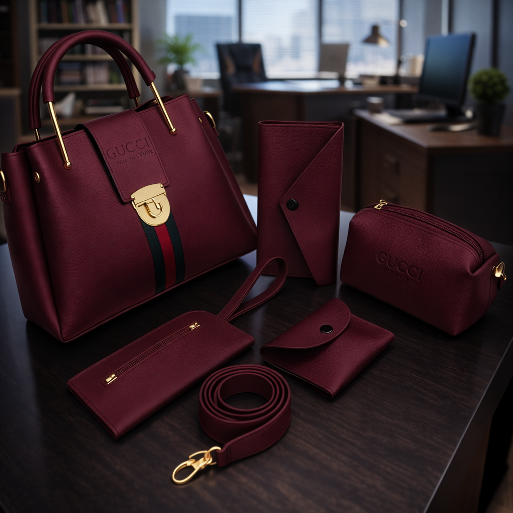 Stylish Girl's Rexine Hand Bag Set - 5 Pcs in Vibrant Colors